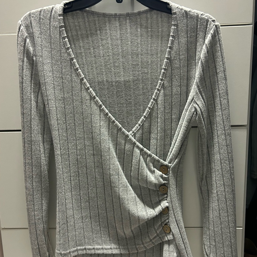 Gray Ribbed Wrap Sweater